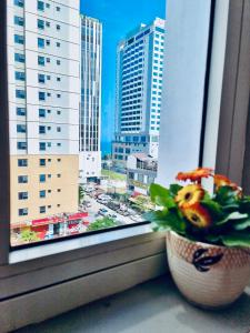 a vase of flowers sitting on a window sill at Delicate Serviced Apartment And Hotel in Da Nang