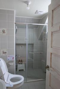 a bathroom with a toilet and a glass shower at Café des Mémoires兩條內褲南法鄉村民宿 in Puli
