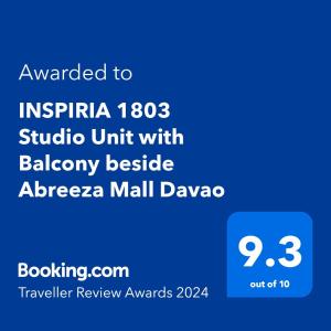 Certifikát, hodnocení, plakát nebo jiný dokument vystavený v ubytování INSPIRIA 1803 Studio Unit with Balcony beside Abreeza Mall Davao