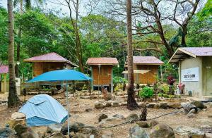 niebieski namiot na dziedzińcu z niektórymi domami w obiekcie Zack's Cabin w mieście Matinao