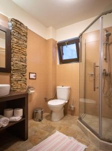 uma casa de banho com um WC e uma cabina de duche em vidro. em Cetatuia em Magura