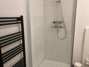 een badkamer met een douche en een glazen deur bij Hoeve de Hoge Swaen in Maastricht