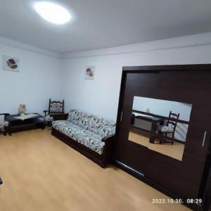 a living room with a bed and a mirror at LBB apartman in Sátoraljaújhely