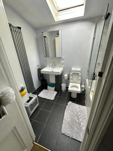 a bathroom with a sink and a toilet and a mirror at My Sky LDN Secret Garden in London