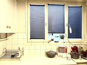 cocina con 2 ventanas con persianas azules en Cozy House en İzmir