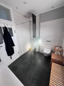 a bathroom with a shower and a toilet at Gästehaus Villa Amann, Nähe Porsche, Flughafen, Messe , Haus Auensee & BMW in Leipzig