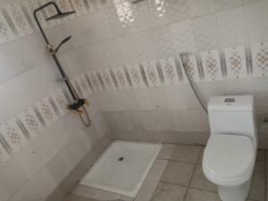 uma casa de banho com um WC branco e um chuveiro em Costal Road hideout! em Ghana Town