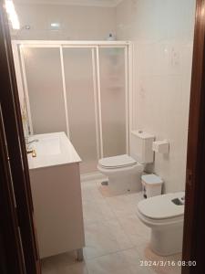 La salle de bains blanche est pourvue de toilettes et d'un lavabo. dans l'établissement Casa Paco, à Luque