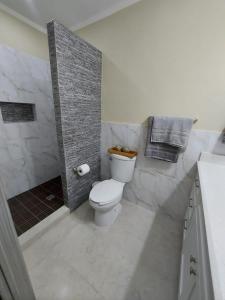 a white bathroom with a toilet and a shower at Departamentos Ada's in Puerto Peñasco