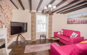 a living room with a pink couch and a tv at Y Twll at Berriew Stores in Berriew