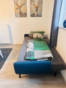 a bed with a blue bed frame in a room at FeWo zum Heuweg in Hofkirchen