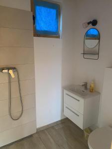 ein Bad mit einer Dusche und einem Waschbecken in der Unterkunft Vikendica Joža in Jajce