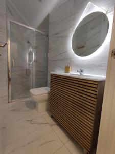 y baño con aseo, lavabo y ducha. en CENTRAL ROOM en Bilbao