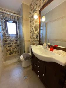 a bathroom with a sink and a toilet and a mirror at Traditional Cottage in Veliés