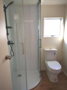 a bathroom with a toilet and a glass shower at Warm little house at Wesley in Auckland