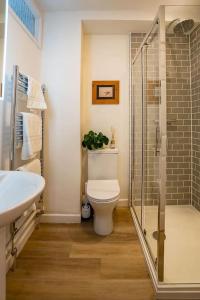 a bathroom with a toilet and a glass shower at 1 Bedroom (+sofa bed) Flat in Ilminster, Somerset in Ilminster
