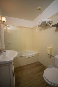 La salle de bains est pourvue d'une baignoire, de toilettes et d'un lavabo. dans l'établissement Hotel Camille, à Saintes-Maries-de-la-Mer