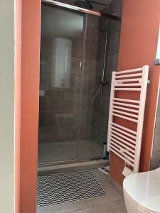 a shower with a glass door in a bathroom at Pied à terre Portsallais in Ploudalmézeau +29 photos