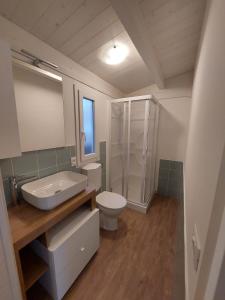 uma casa de banho com um lavatório, um WC e um chuveiro em Camping Le Maior em Brenzone sul Garda