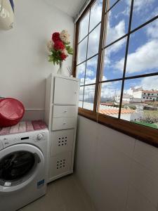 uma lavandaria com uma máquina de lavar roupa e uma janela em El rincón de Cornelia en Tejeda em Tejeda