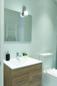 a bathroom with a sink and a mirror and a toilet at BILBAO NORTH SHORE APARTMENTS 6 in Bilbao