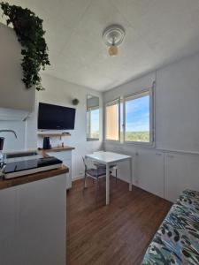a room with a table and a kitchen with a window at Studio - Marina 4 - 17 allée des Pinons - 5-1 in Saint-Jean-de-Monts