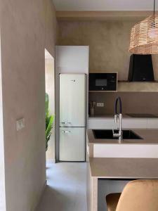 a kitchen with a white refrigerator and a sink at Emuna House A Coruña in A Coruña