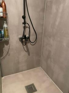 um chuveiro numa casa de banho com uma parede de metal em Kunderi apartment with sauna em Rakvere