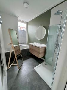 La salle de bains est pourvue d'un lavabo et d'un miroir. dans l'établissement Stylish Home near Maastricht Alicias house, à Lanaken