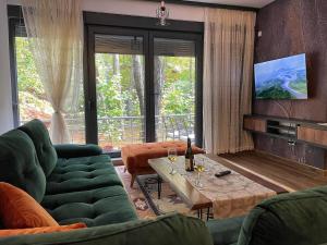 a living room with a green couch and a tv at LonVilla's in Štrpce