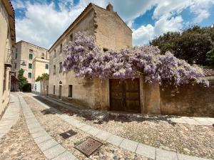 a building with a wreath of purple flowers on it at Carrales Guest House in Nuoro