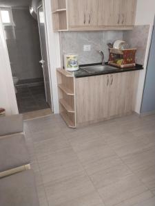 a kitchen with a sink and a shower at Ledion Apartment in Gjirokastër