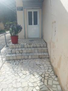 a front door of a house with a potted plant at Ledion Apartment in Gjirokastër