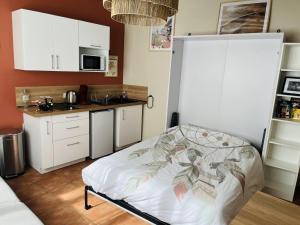 a kitchen with a bed in a room at Logement, plein centre du village de Verzy in Verzy