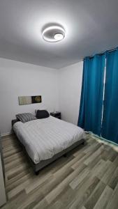 a bedroom with a bed with a blue curtain at The Lake House rooms - 20 min to Paris by metro in Créteil