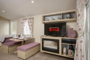 a living room with a tv and a fireplace at Ribble Heights Lodge - Cosy Pet-Free Countryside Retreat in Longridge