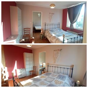 サン・ヴァレリー・シュル・ソンムにあるAu Pied Des Rempartsのベッドルーム1室(ベッド1台付)とリビングルームの写真2枚