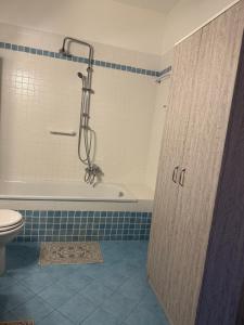 a bathroom with a shower and a tub and a toilet at Ely Hause in Calmasino +21 photos