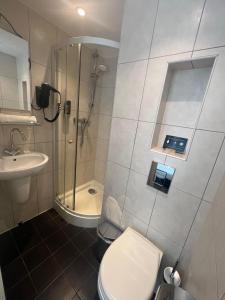 a bathroom with a shower and a toilet and a sink at Hotel Old Quarter in Amsterdam
