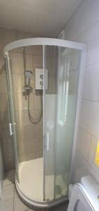 a shower with a glass door in a bathroom at Studio with Private Kitchen in Dublin