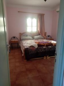 1 dormitorio con 1 cama frente a una ventana en auberge djebel rose 2, en Tafraoute