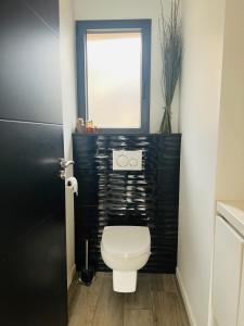 a bathroom with a white toilet and a window at Villa piscine 6 personnes in Meyzieu