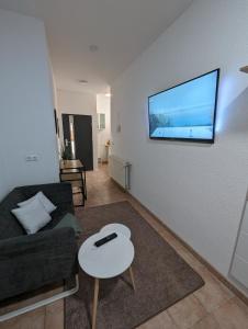 ein Wohnzimmer mit einem Sofa und einem TV an der Wand in der Unterkunft Studio Ahnatal in Weimar
