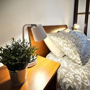 een slaapkamer met een bed en een tafel met een potplant bij BBking Appartamento Policlinico San Donato Milanese in San Donato Milanese