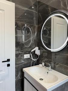 a bathroom with a sink and a mirror at Vila Panto in Tirana