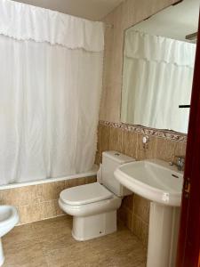 uma casa de banho com um WC, um lavatório e um espelho. em Primera Linea Seaview em Empuriabrava