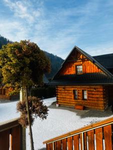 uma cabana de madeira com uma árvore em frente em Nad Grajcarkiem em Szczawnica