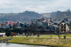 a group of houses in a town next to a river at Nad Grajcarkiem in Szczawnica