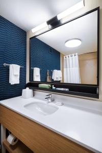 a bathroom with a sink and a large mirror at Spark By Hilton Fredericksburg Southpoint in Fredericksburg