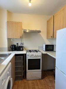 a small kitchen with a stove and a refrigerator at Specious 1 Bed Apartment free wifi and parking in Goodmayes